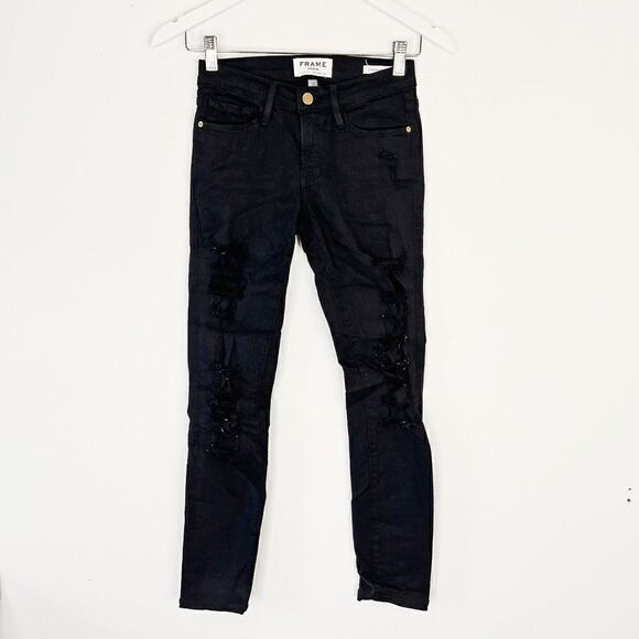 CLEARANCE - Frame Denim Le Skinny de Jeanne Distressed Black Jeans in Film Noir - Picture 2 of 8